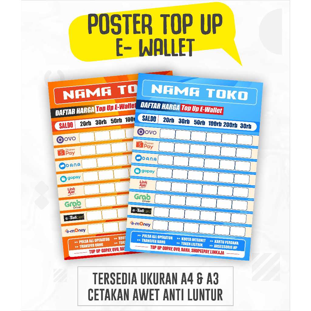 STIKER POSTER DAFTAR HARGA TOP UP E-WALLET E WALLET BISA CUSTOM NAMA TOKO