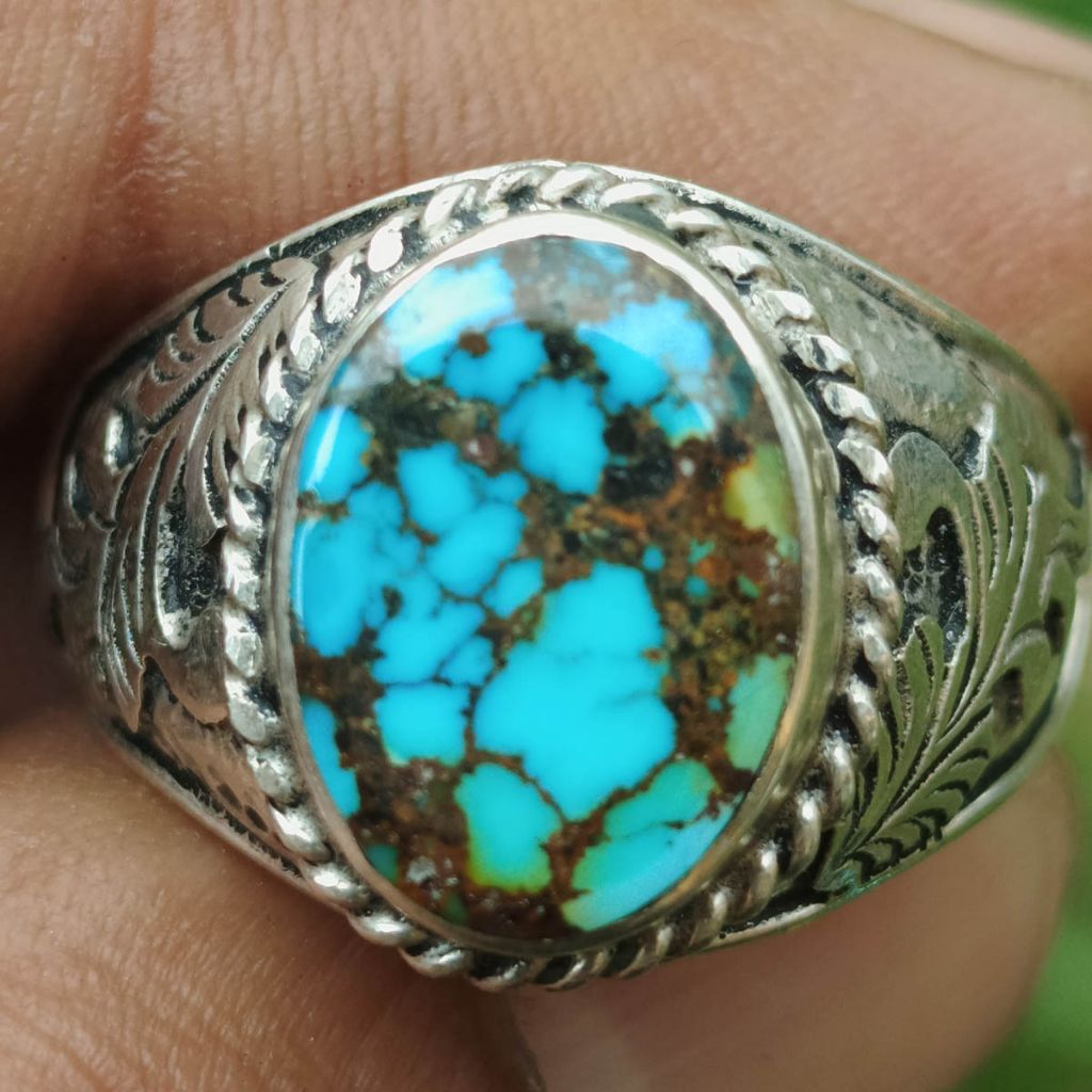 Batu Pirus Persia Biru Fancy Gradasi Tajam Urat Emas Karakter Urat Keren Indah Dim-15 Ring Perak Han