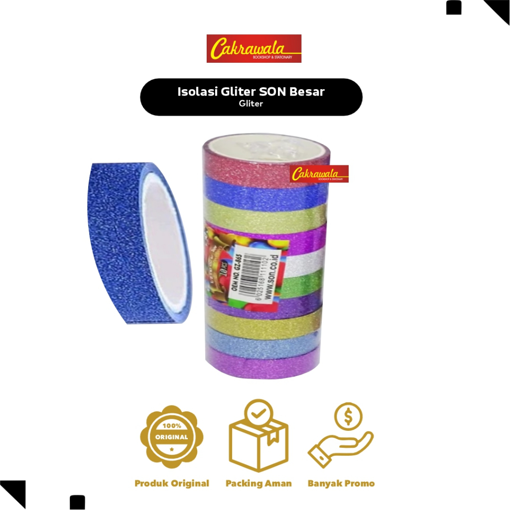 

Isolasi Gliter SON Besar | Masking Tape Glitter 1 Inch x 22 Meter | Lakban Hias Kado & Dekorasi