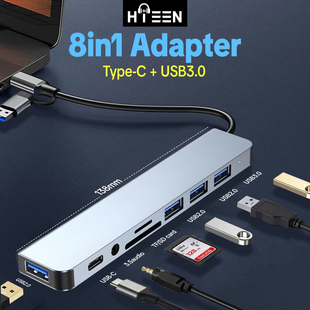 Hieen Converter USB C Hub 8 in 1 Type-C to HDMI USB 3.0 SD/TF PD Charger  Audio Jack Plug & Play Ada