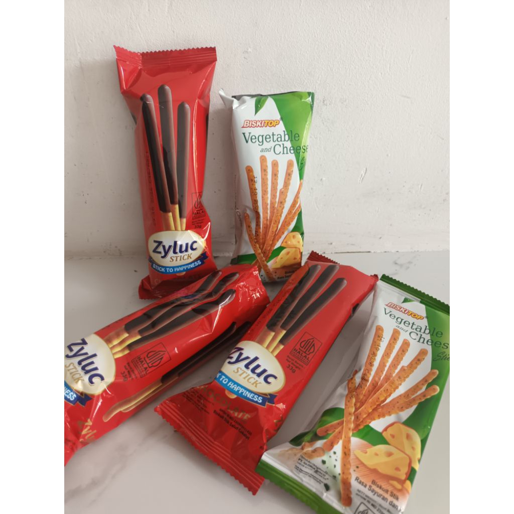 

SNACK BIKSTOP VEGETABLE CHEESE N ZYLUC STIK COKLAT( Mix isi 5pcs)