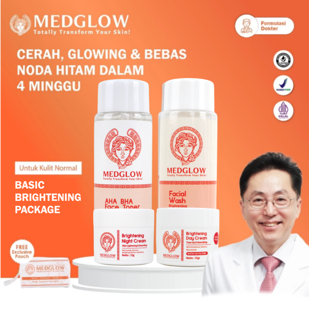 𝐌𝐄𝐃𝐆𝐋𝐎𝐖 𝐂𝐋𝐈𝐍𝐈𝐂 Basic Brightening Package + Bonus Tas Kulit | Paket Skincare Krim Pagi Malam Dokter B