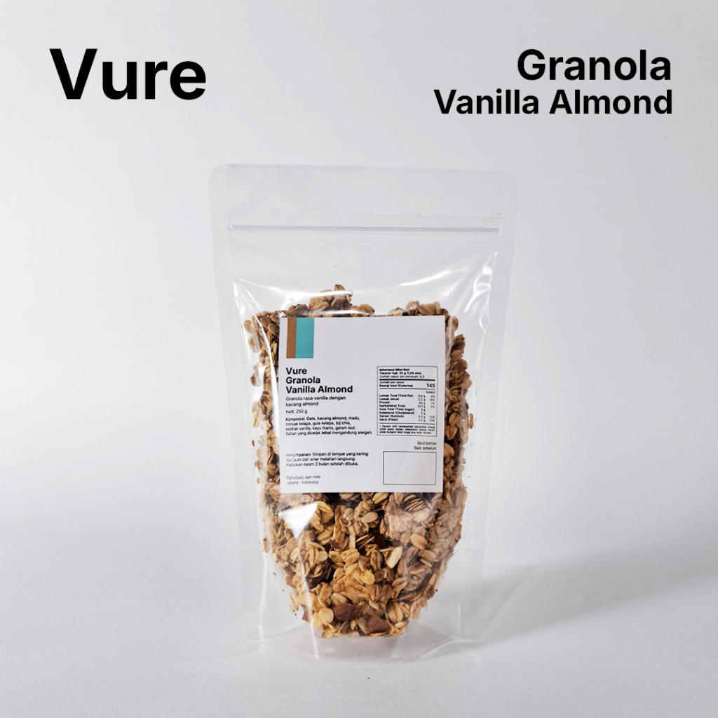 

Vure Granola Vanilla Almond (100 gr, 250 gr, 500 gr) dengan Natural Honey, Organic Coconut Sugar, Chia seed