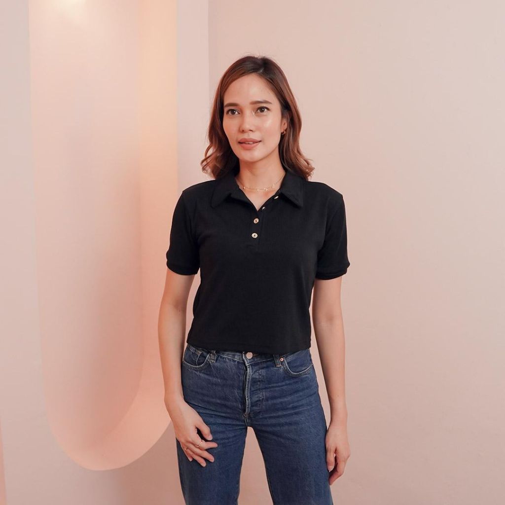 Polo Shirt Crop Top | Polo Shirt Wanita |  Kaos Crop Top Knit Polo Shirt Tangan Pendek