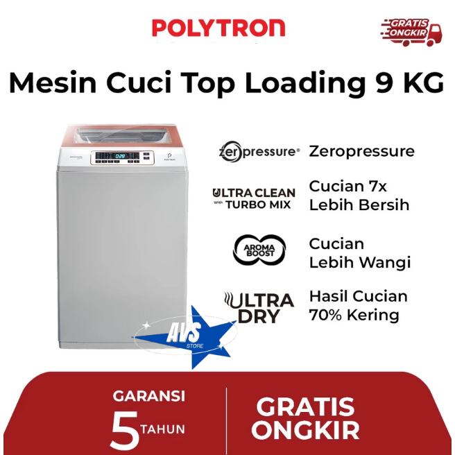 POLYTRON MESIN CUCI 1 TABUNG ZEROMATIC LAGUNA HIJAB UKURAN 9KG PAW 9028