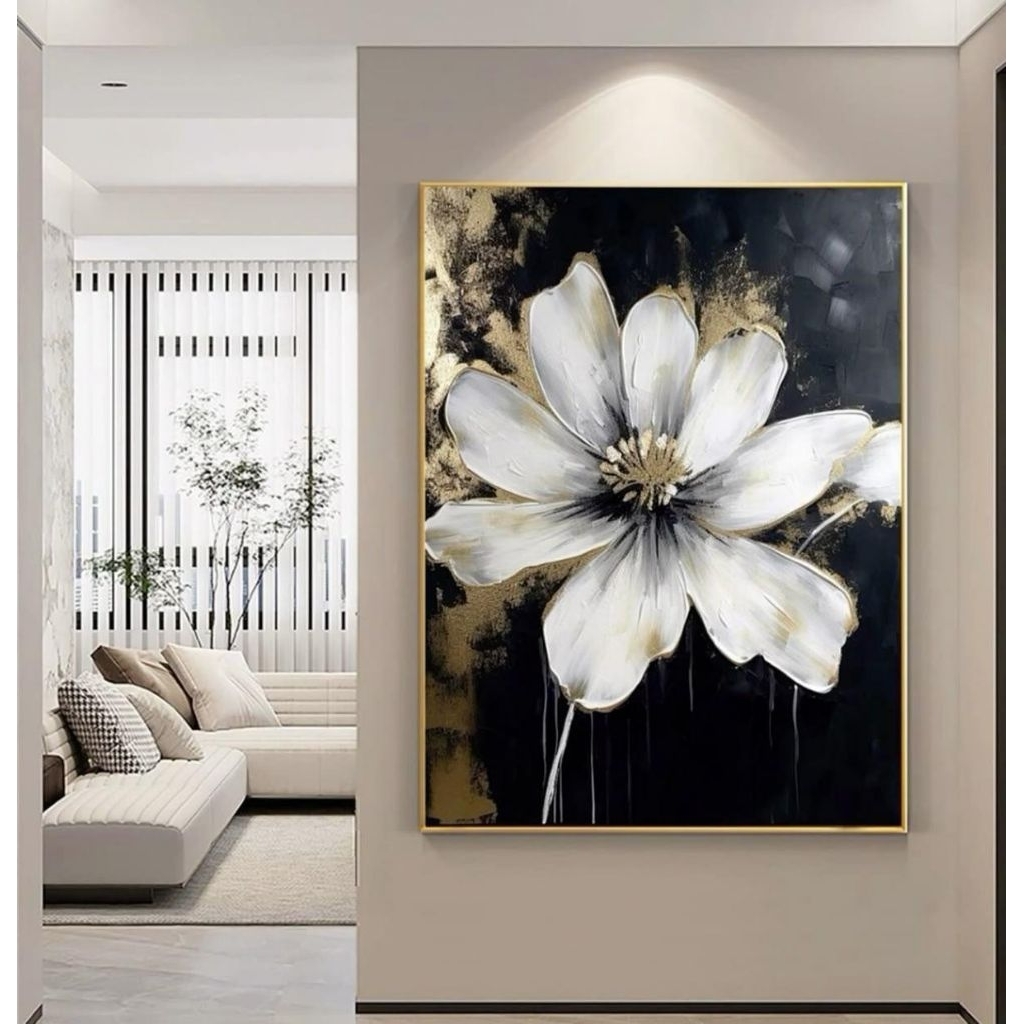 Lukisan Dinding Bunga Mawar Putih Aksen Gold Hitam | Lukisan Handmade | Lukisan Aesthetic