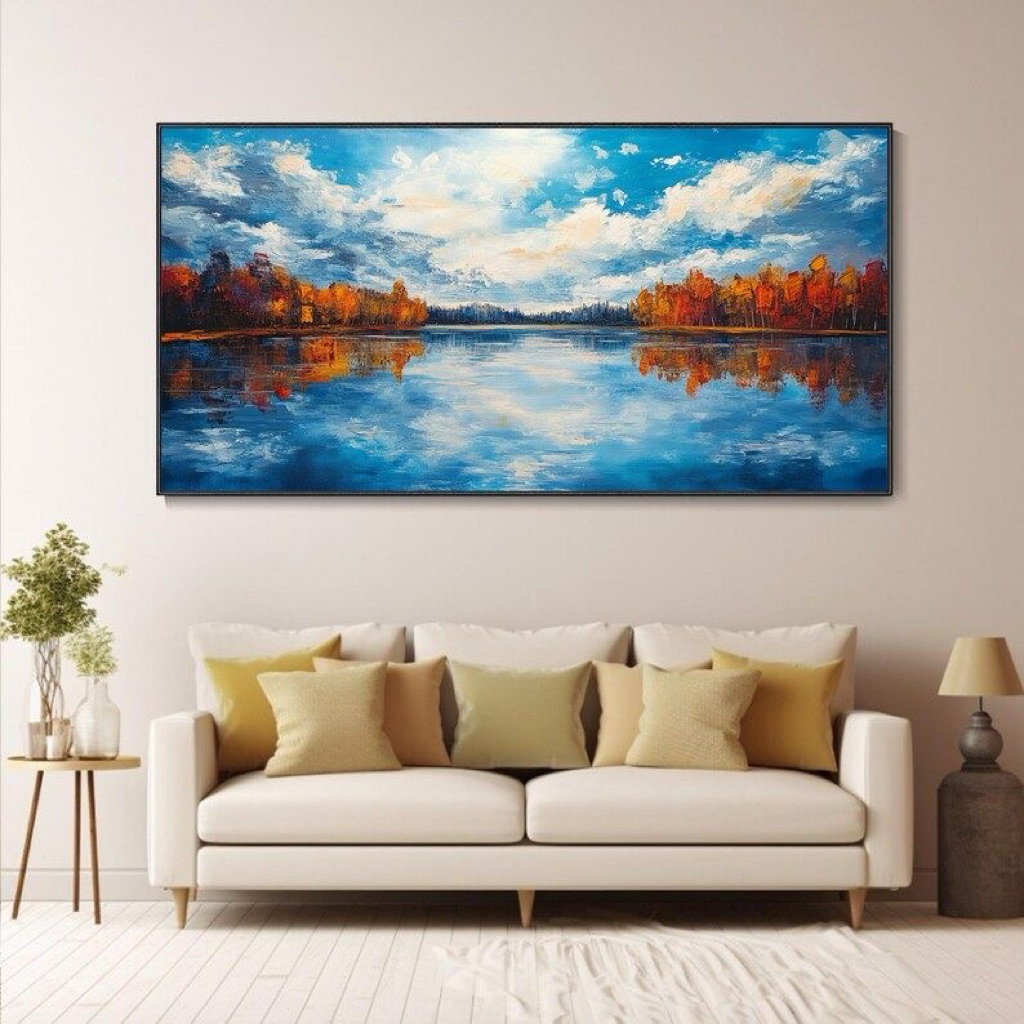 Lukisan dinding minimalis modern danau cermin untuk hiasan dinding rumah include frame