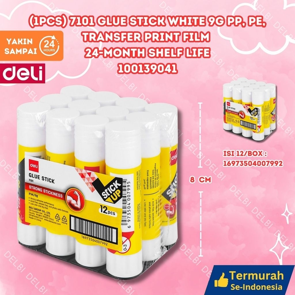 

(1PCS) 7101 Glue Stick White 9g PP, PE, Transfer print film 24-month shelf life DELI LEM KERTAS UP BX384 BX12