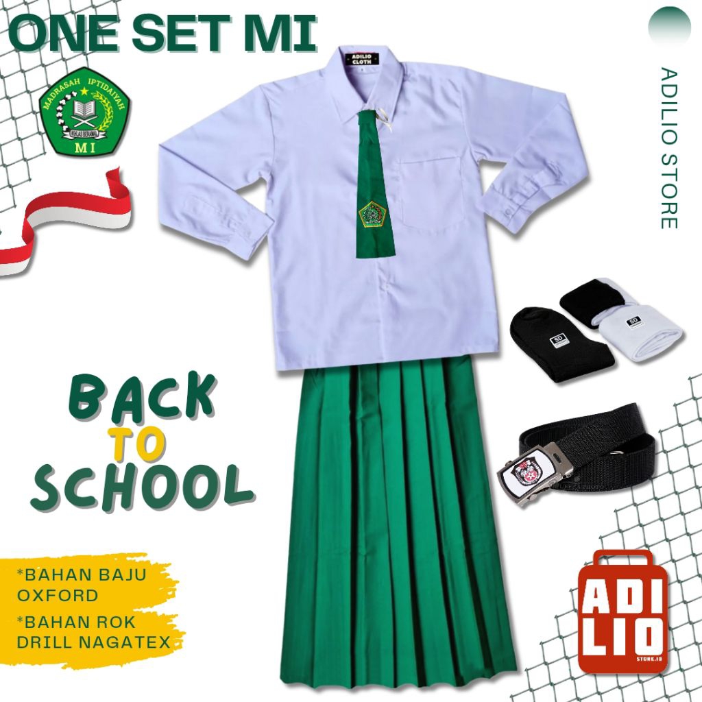 SERAGAM SEKOLAH ANAK PEREMPUAN SERAGAM MADRASAH MI BAJU PUTIH POLOS PANJANG ROK HIJAU PANJANG SERAGA