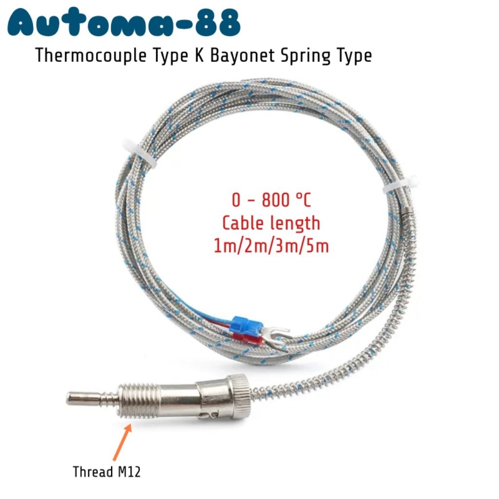 Thermocouple type-k Bayonet Compression Spring type Drat M12 termokopel sensor suhu 0 - 800 °C 2 wir