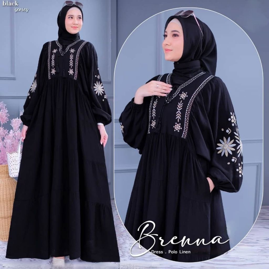 BRENNA DRESS BORDIR WANITA MUSLIM TERBARU BAHAN LINEN GAMIS PESTA KONDANGAN LEBARAN HITAM SAGE DENIM