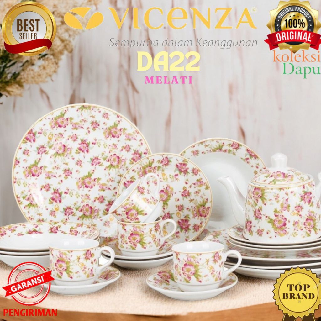 Peralatan makan VICENZA Dinner Set DA22 MELATI, set perangkat makan Melati dengan 12 piring Vicenza,
