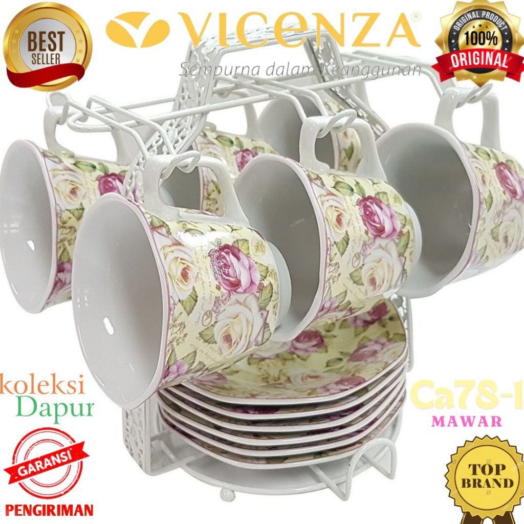 Set cangkir kopi Vicenza cup Ca78-1, motif cangkir Mawar, wadah saji minuman Vicenza dilengkapi 6 ca