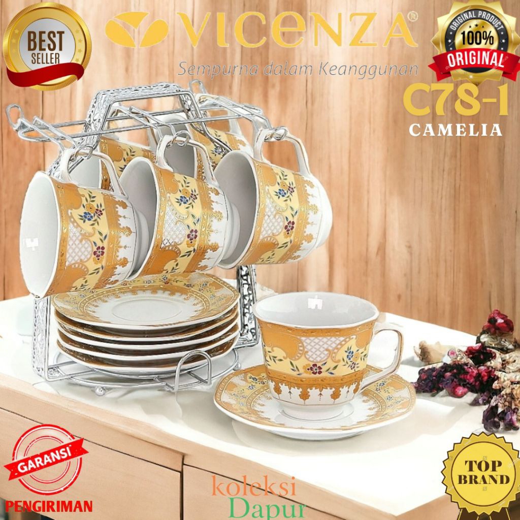 Set Cangkir Vicenza cup C78-1, motif Cangkir Camelia, dilengkapi 6 buah cangkir teh kopi vol 150 ml,