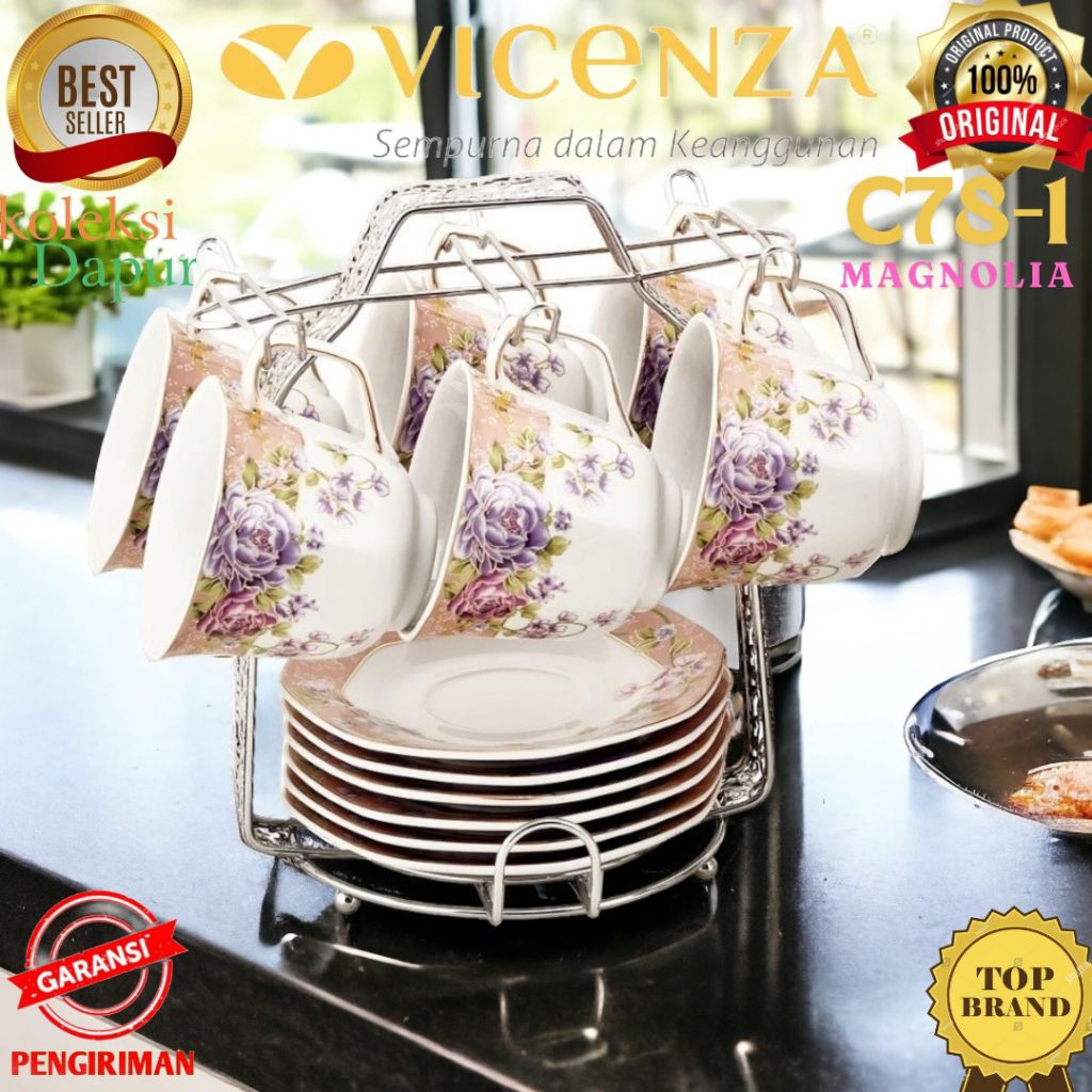 Set cangkir kopi Vicenza cup C78-1, motif cangkir Magnolia, wadah saji minuman Vicenza dengan 6 cang