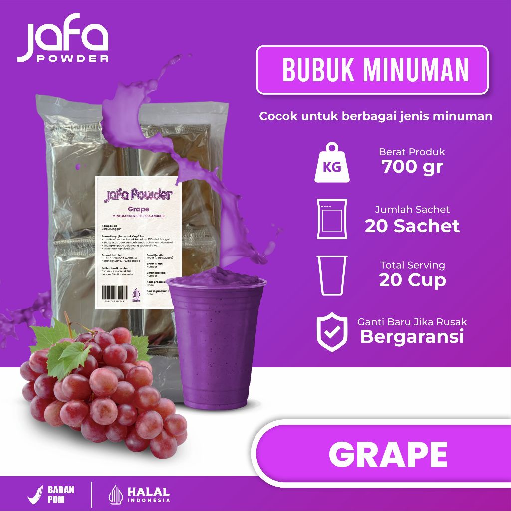 Bubuk Minuman Rasa Grape Anggur 700 Gram - Bubuk Minuman Premium Rasa Anggur - Halal & BPOM