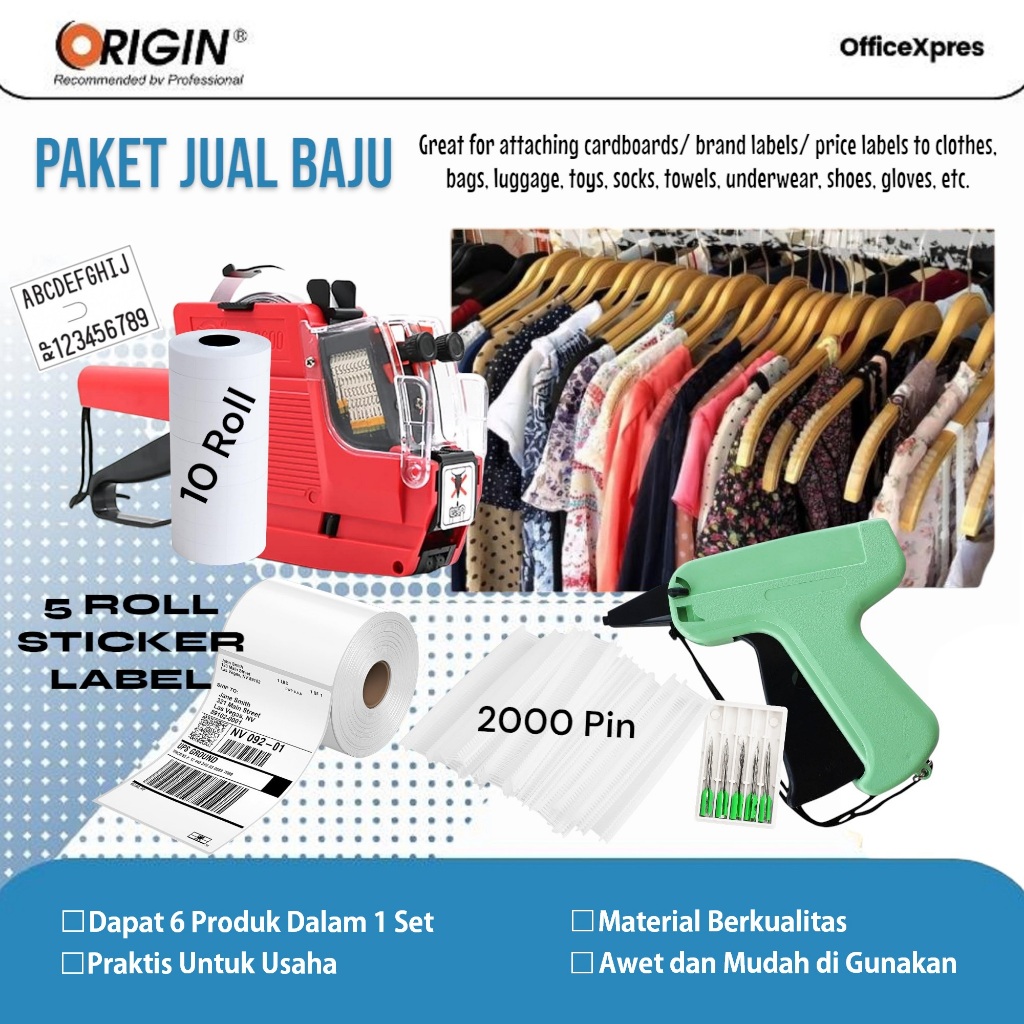 

Paket Jual Baju / Pelengkap Toko Online / Price Labeller Set / Tag Gun + Tag Pin Set / Sticker Label