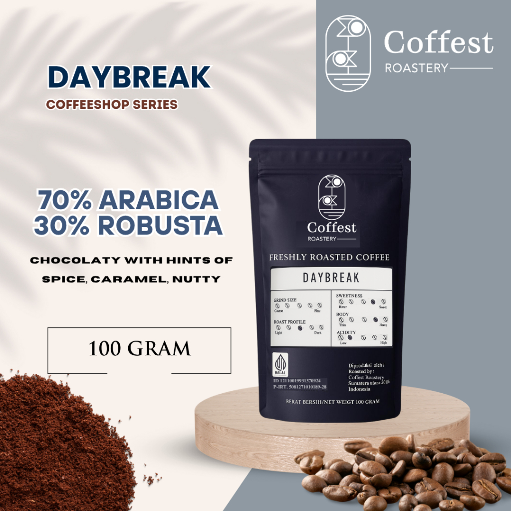 

Coffest Roastery - Daybreak 100 gram - Roast Bean Biji Bubuk Kopi Blend 70/30Arabika Robusta Grade 1
