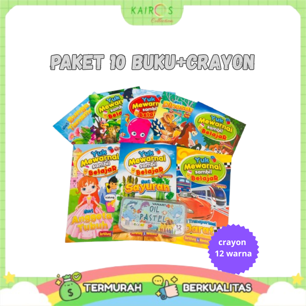 

Paket Buku Warna dan Crayon, Pensil Warna Belajar Anak Set 10 Pcs Motif Buah, Sayur, Kendaraan, Binatang