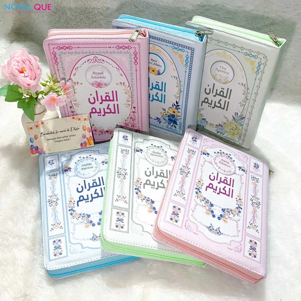 Alquran A5 Resleting Sleting Dompet Bisa Tulis Nama di Cover A5 Tajwid Perkata Latin Color Pastel