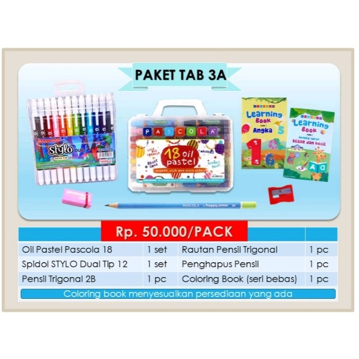 

Standard - Paket TAB 3A / 3B ( Oil Pastel Pascola/Coloring, Marker Dualtip, Pencil, Penghapus, Rautan, Buku Mewarnai )