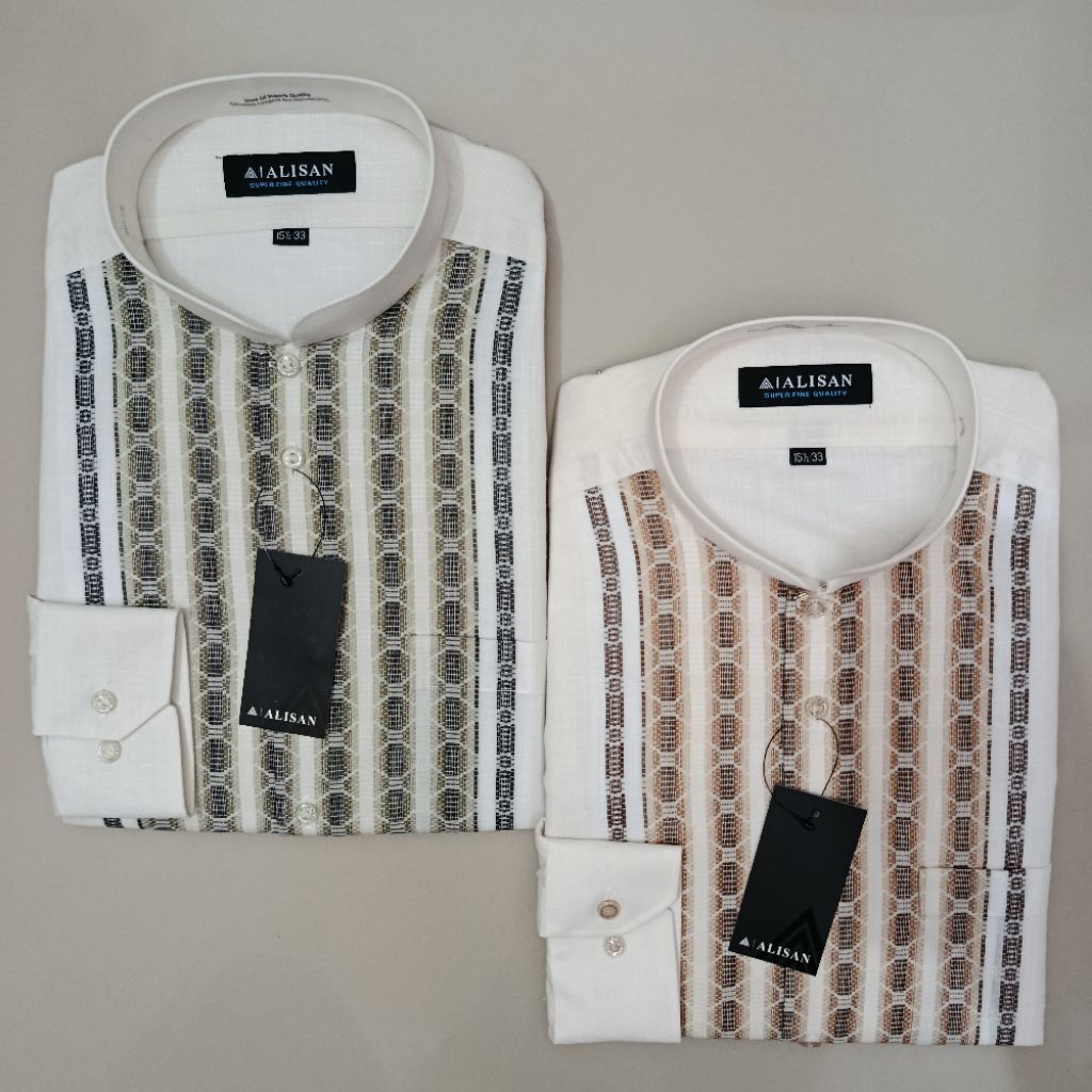 Alisan Koko Fashion Motif Segienam Coklat/Abu Lengan Panjang Slimfit