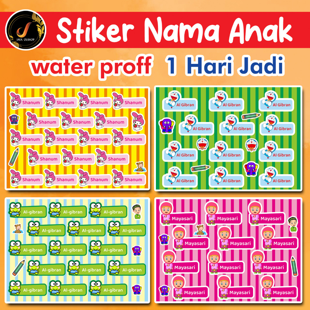 

( ISI 4 LBR) STICKER NAMA ANAK | BUKU TULIS | TEMPAT MINUM | TEMPAT MAKAN VINYL TAHAN AIR