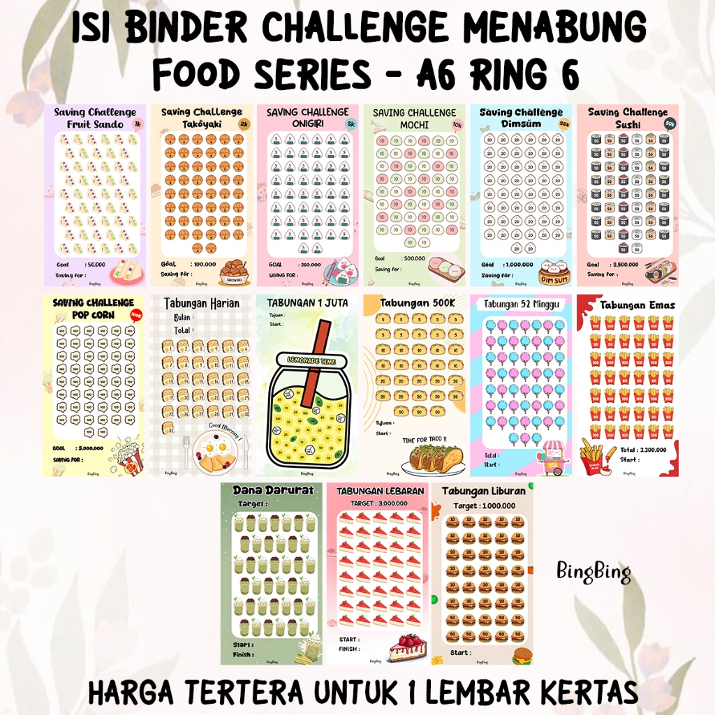 

ISI BINDER A6 Ring 6 Saving Challenge Menabung Food Series