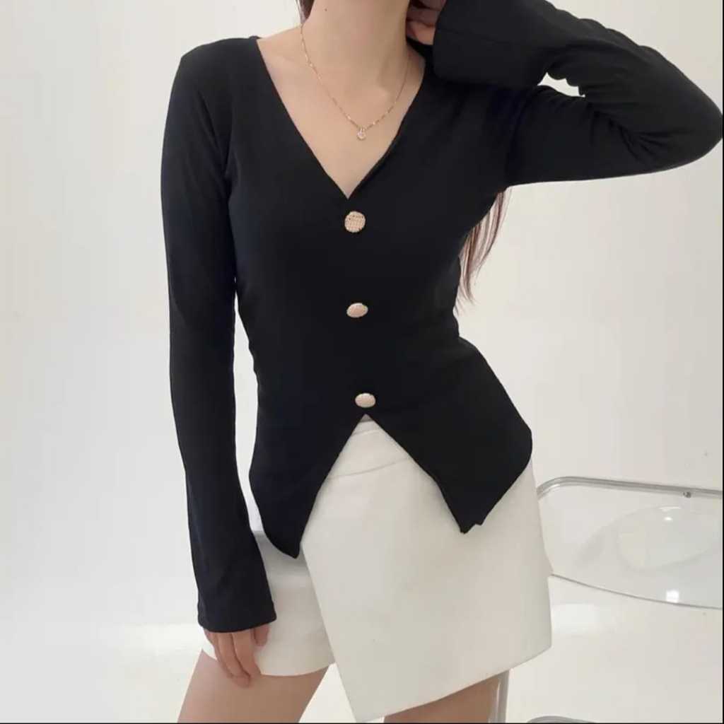 Jade Top - Atasan Wanita Lengan Terompet Top Knit V-Neck Kancing Lengan Panjang