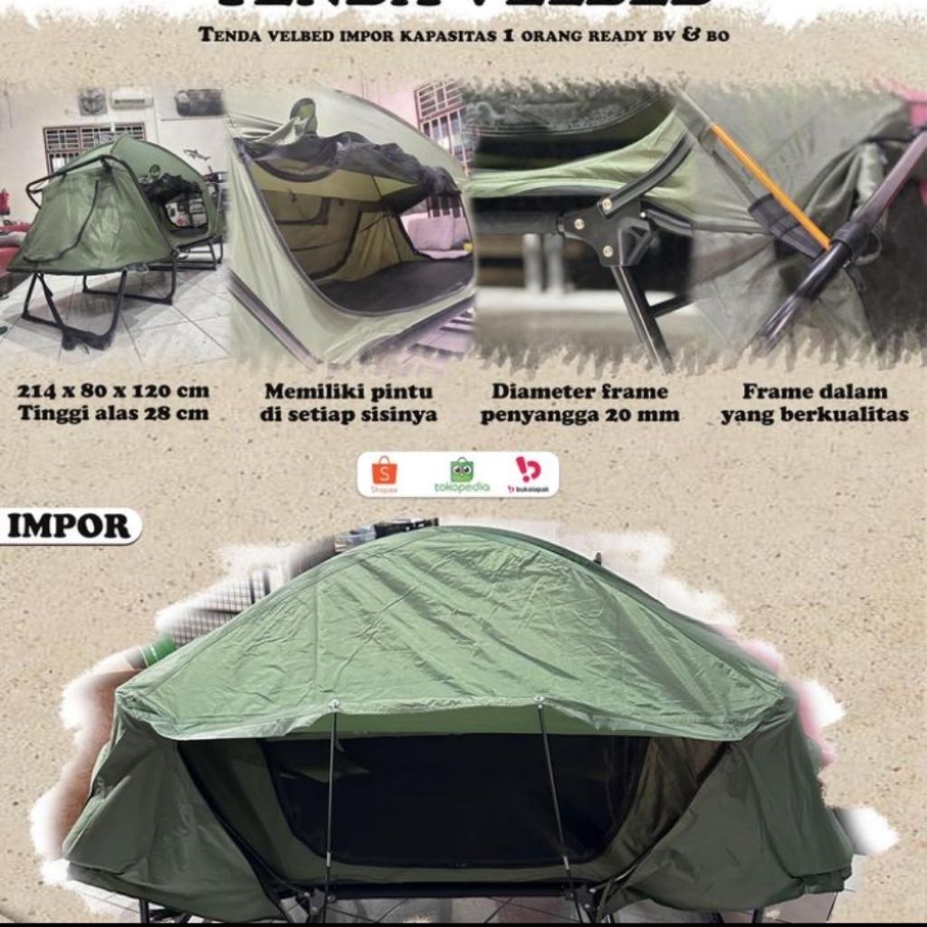 Tenda Velbed Full Set Outdoor Survival Adventure Kapasitas 1 Orang