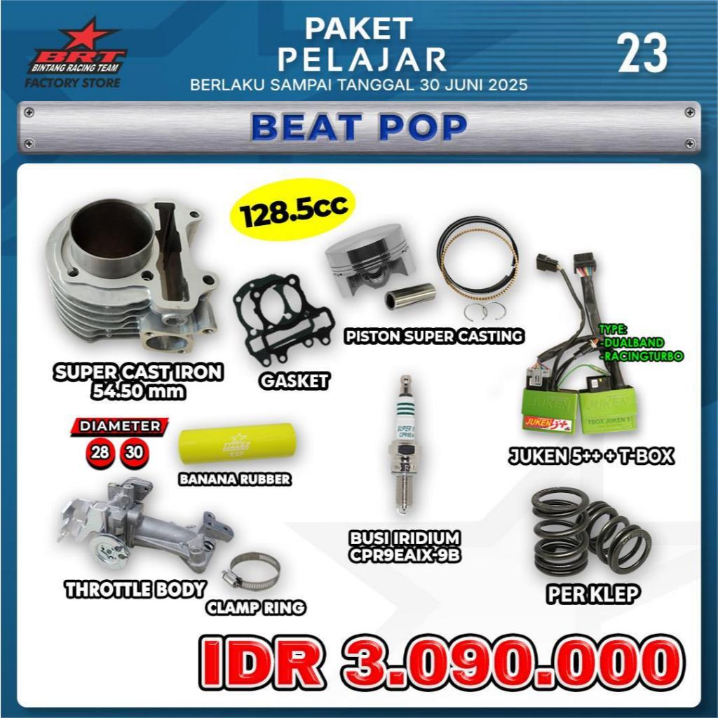 PROMO PAKET PELAJAR BRT / BEAT POP 128.5CC/ BLOK CAST IRON/GASKET/ PISTON/BUSI IRIDIUM/CLAMP RING/BA