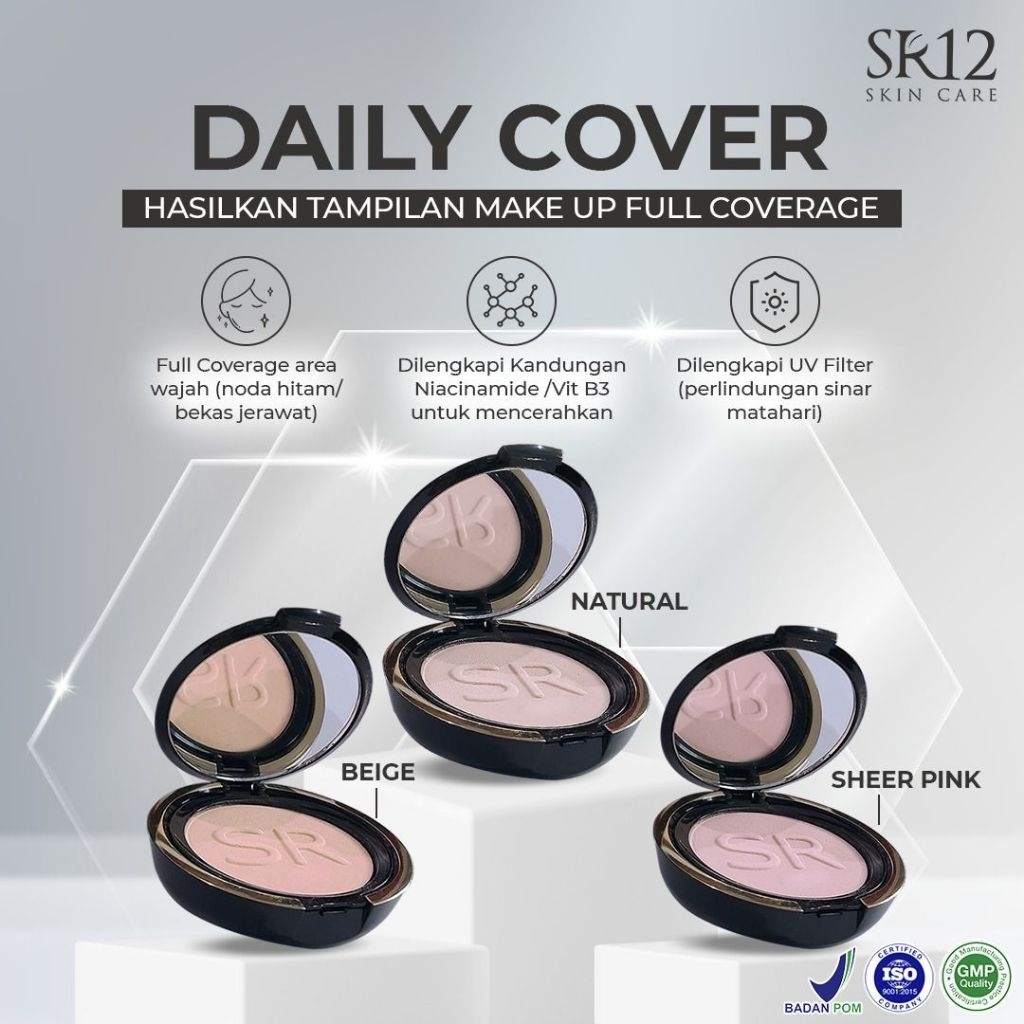 DAILY COVER SR12 BEDAK PADAT | TAHAN 12 JAM, UV FILTER, CERAHKAN WAJAH, 3 WARNA PILIHAN | BEDAK SR12