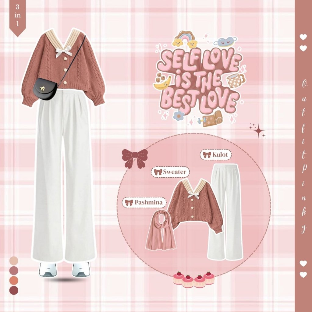 OOTD One set 3in1 Korean Style ( Sweater Rajut Pita Pink Wanita + Celana Kulot Cringkle Bahan Jatuh 