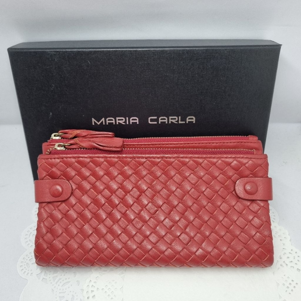 Preloved Dompet Wanita Kulit Anyam merk Maria Carla untuk kartu, uang, warna merah