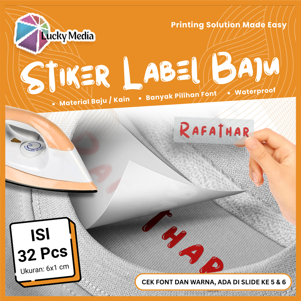 

Stiker Label Nama Baju Setrika Sablon POLOS Custom 32 pcs Sticker Print Kain Kaos Anak Sekolah