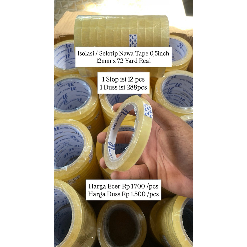 

ISOLASI / Selotip Nawa Tape BENING 12MM X 72yard Lakban 0,5inc Kecil Real Lampung