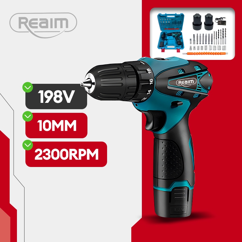 Reaim Mesin Bor Baterai 10MM Cordless Bor Listrik Bor Baterai Drill Battery Bor Power Drills Kit