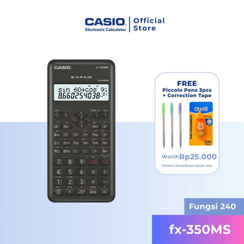 

Asaba Stationery- Kalkulator Sekolah/Kuliah Scintific Casio FX-350MS Free Gift Pen+Correcion Tape