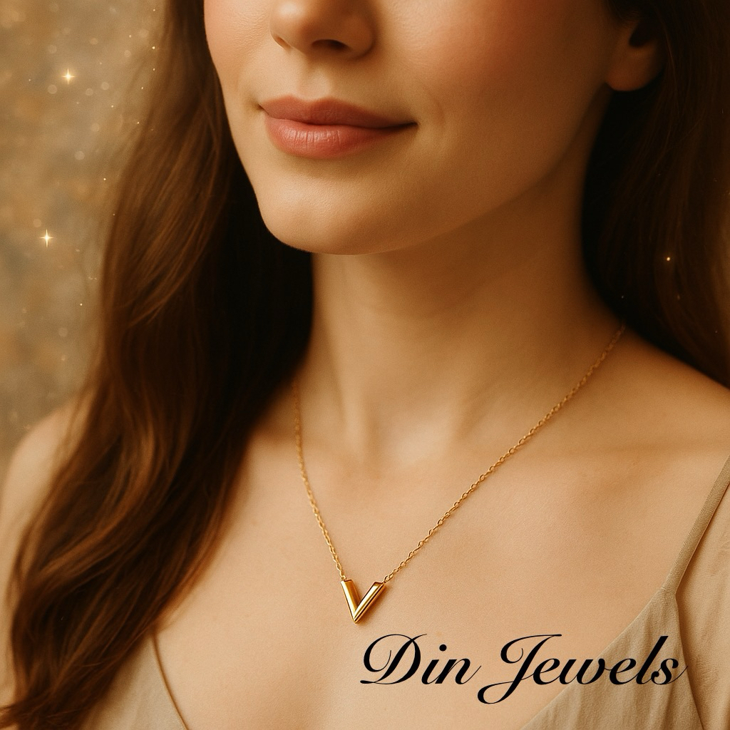 DIN JEWELS - Kalung Bentuk Huruf V Gold | Kalung Titanium Wanita | Kalung Anti Karat | Kalung Wanita