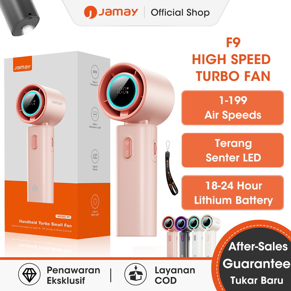 Jamay Kipas Kecepatan Tinggi Portabel Semikonduktor Turbo Genggam Senter LED Fan Mini Tampilan Digit