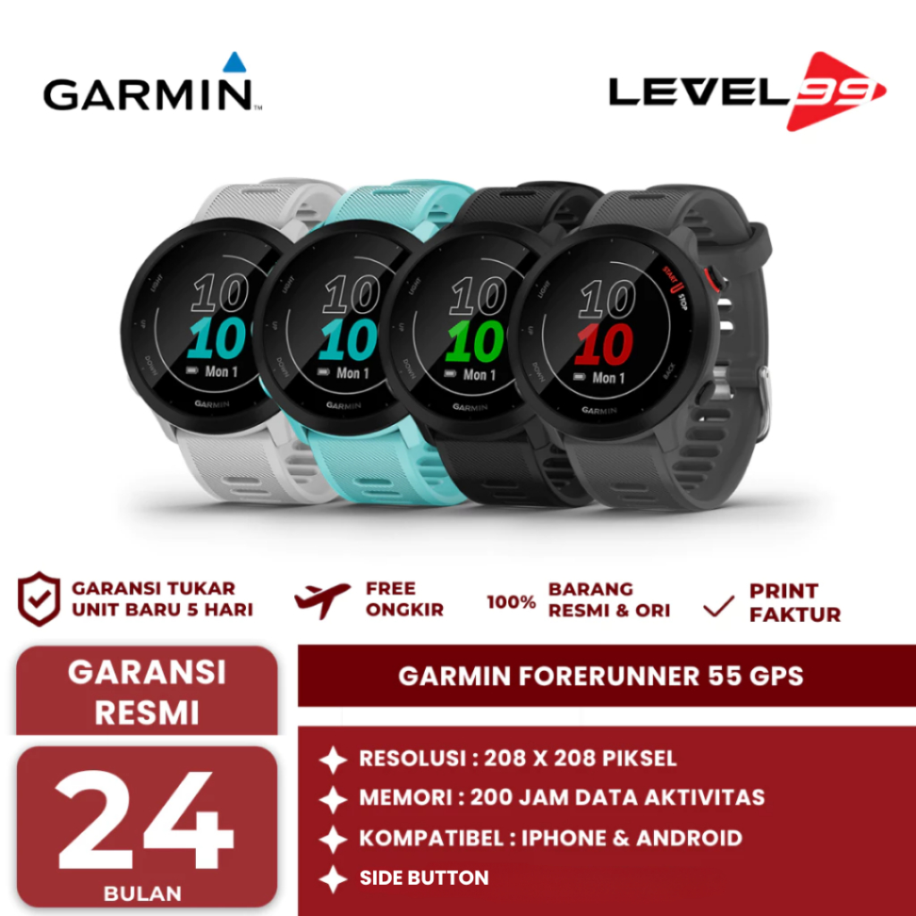 GARMIN FORERUNNER 55 GPS SMARTWATCH WATERPROOF 5 ATM 1,04'' SMART WATCH GARANSI RESMI