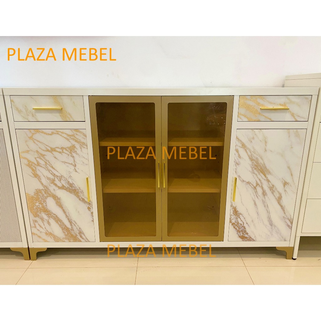 Buffet Pendek Besi Avery HST 4 Pintu Marble / Sideboard Meja TV Metal Kabinet Credenza