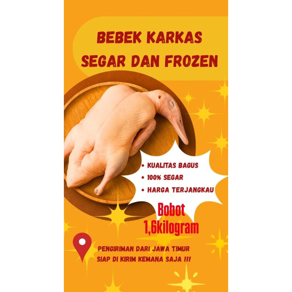 

BEBEK KARKAS, BEBEK HIBRIDA MUDA BOBOT 1,6KG BERSIH. FREE HATI, DAN AMPELA