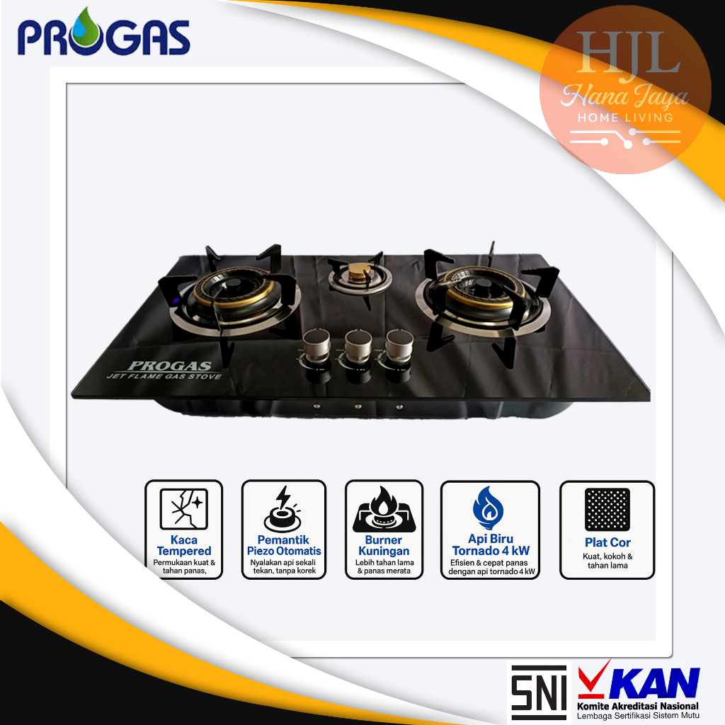 Progas Kompor Gas 3 Tungku Kompor Tanam Kaca