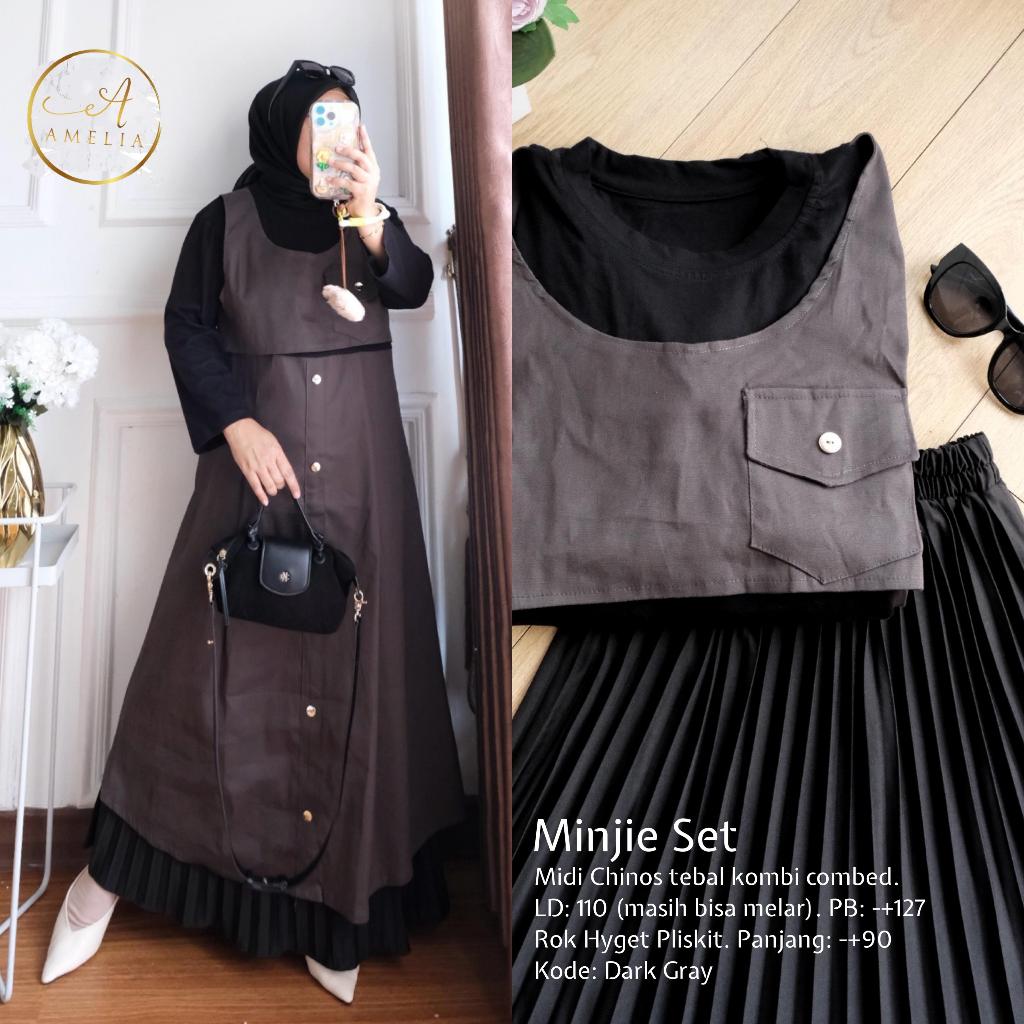 Minjie One Set Long Tunik Dan Rok Plisket Panjang Ori Amelia