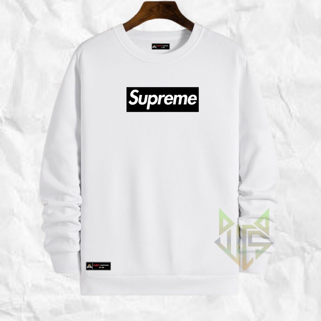 Switer Cowok Distro Oversize Warna Putih List Supreme Basic Sweater Pria Original Tebal Katun Flecce