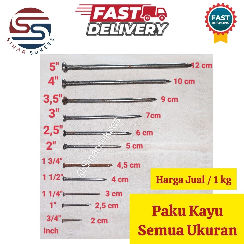 Paku Kayu SEMUA UKURAN LENGKAP Berat 1 Kg/ Paku Kayu 5 cm/ Paku Kayu 7 cm/ Paku Kayu 10 cm/ Paku Kay