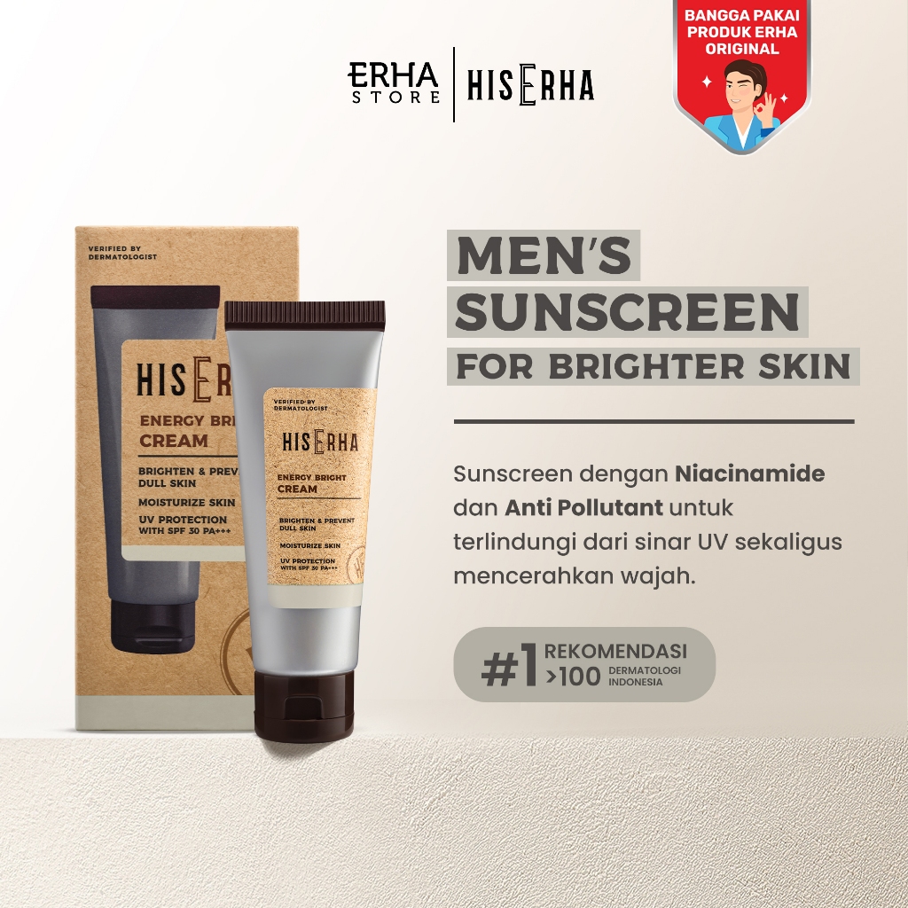 His Erha Energy Bright Cream 20g – Sunscreen Pelembap Wajah Pria untuk Mencerahkan Wajah Kusam, SPF 
