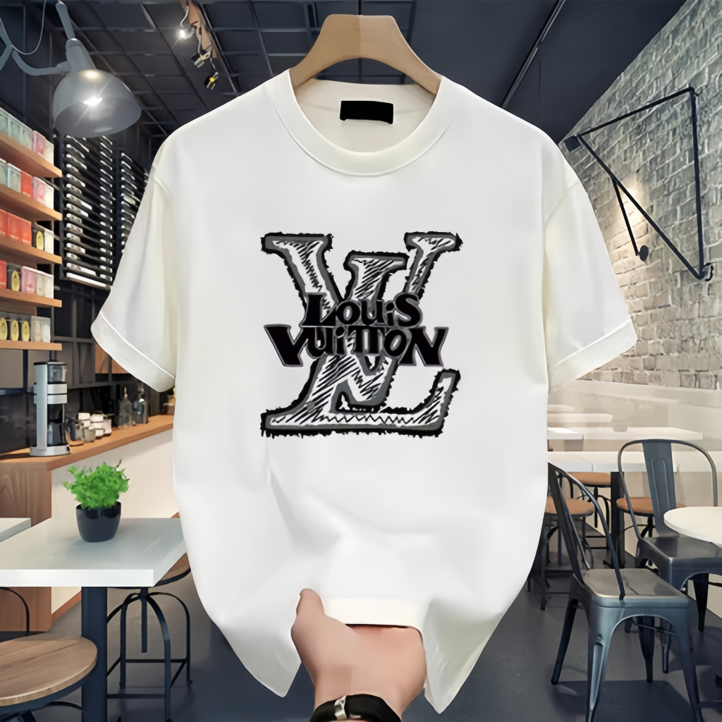（COD）Outlets LV Logo Kaos Black White Oversized 20s Boxy Fit T Shirt Pria Wanita - Louis Vuitton