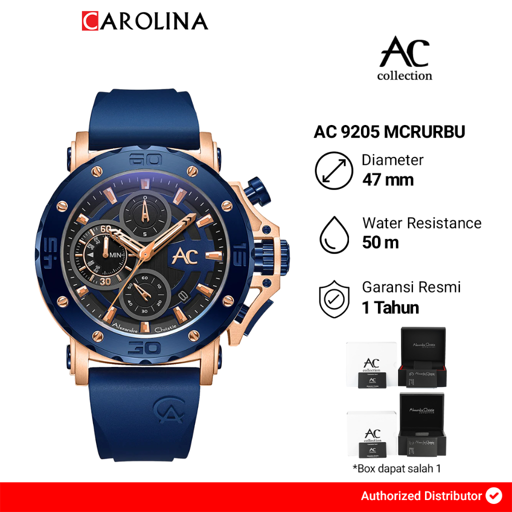 Jam Tangan Pria Alexandre Christie Chronograph AC 9205 MCRURBU Black Dial Blue Rubber Strap